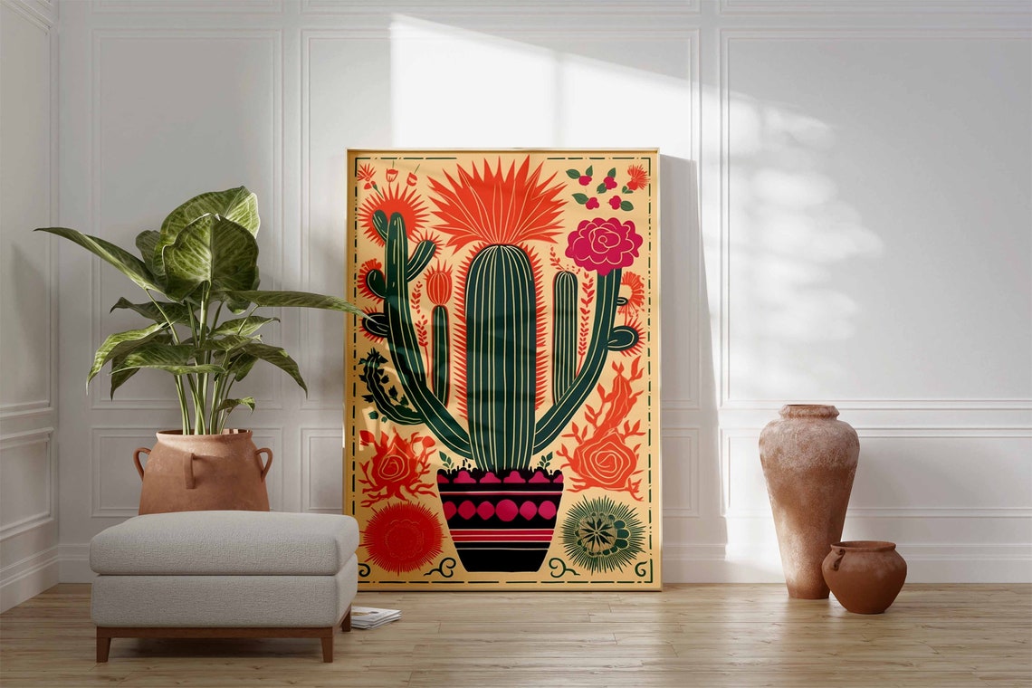 Colorful Mexican Cactus Folk Art Botanical Wall Decor Poster - Image 3