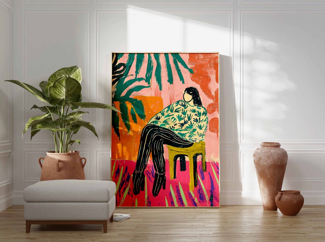 Seated Woman in Striped Pants Bold Tropical Color Block Art Poster - Image 2