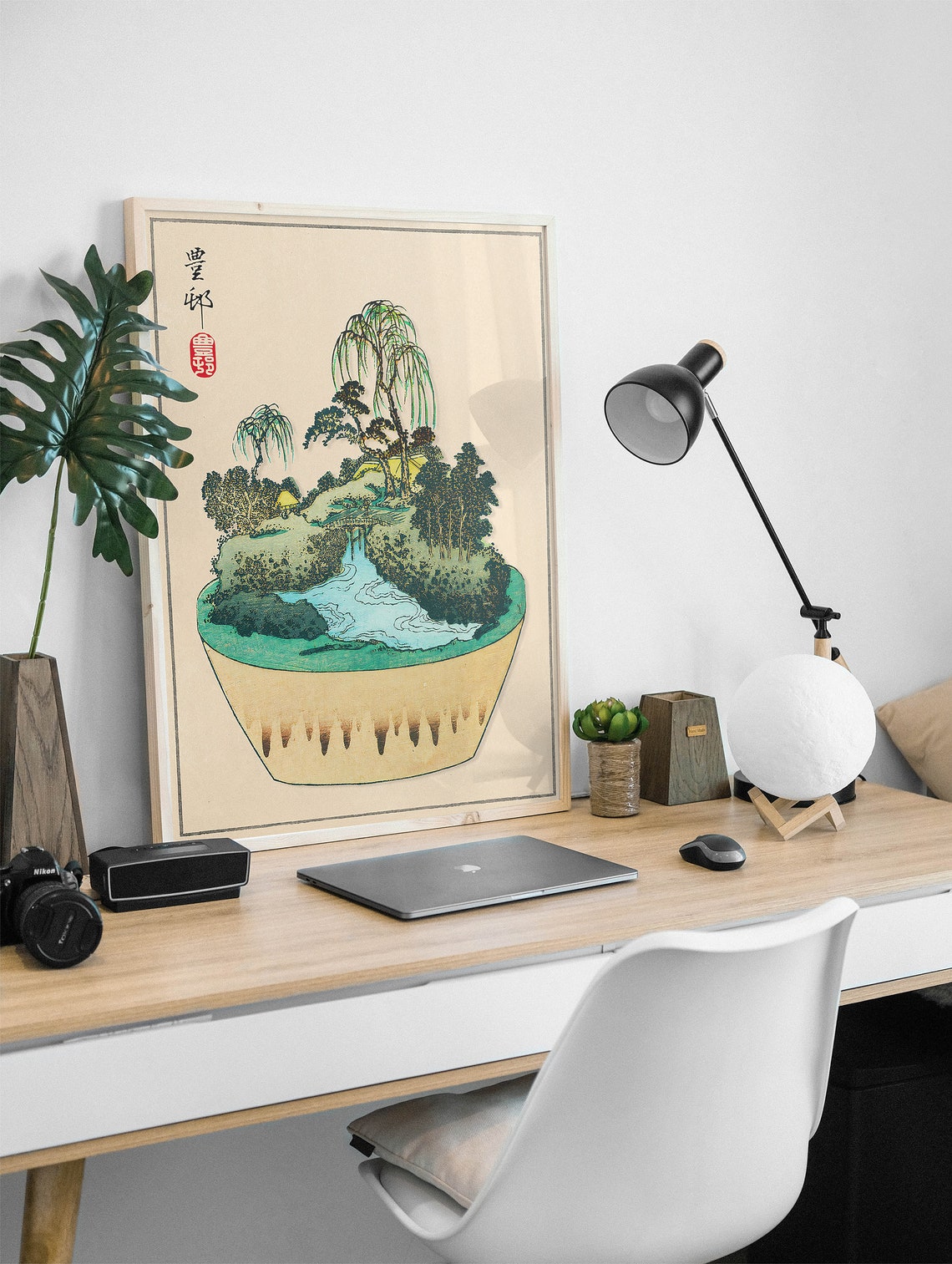Japanese Bonsai Pot Landscape Willow Woodblock Style Art Poster - Image 2
