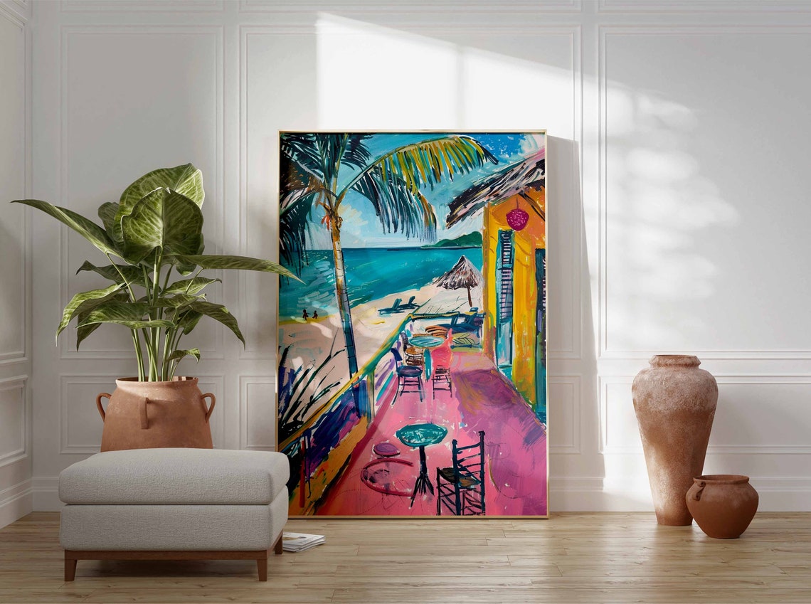 Sunny Beach Cafe Terrace Pink Floor Palm Tree Yellow Building Poster - Image 3