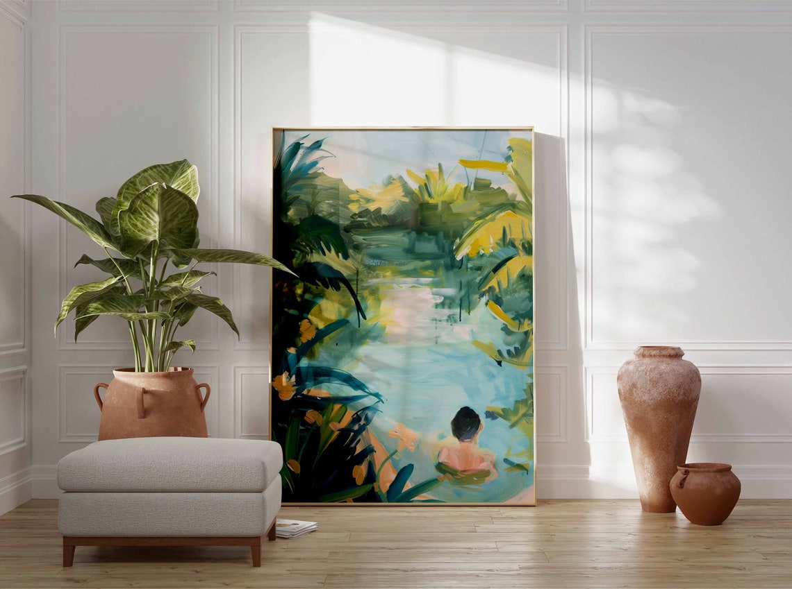 Floating Swimmer in Tropical Lagoon with Palm Trees Art Poster - Image 2