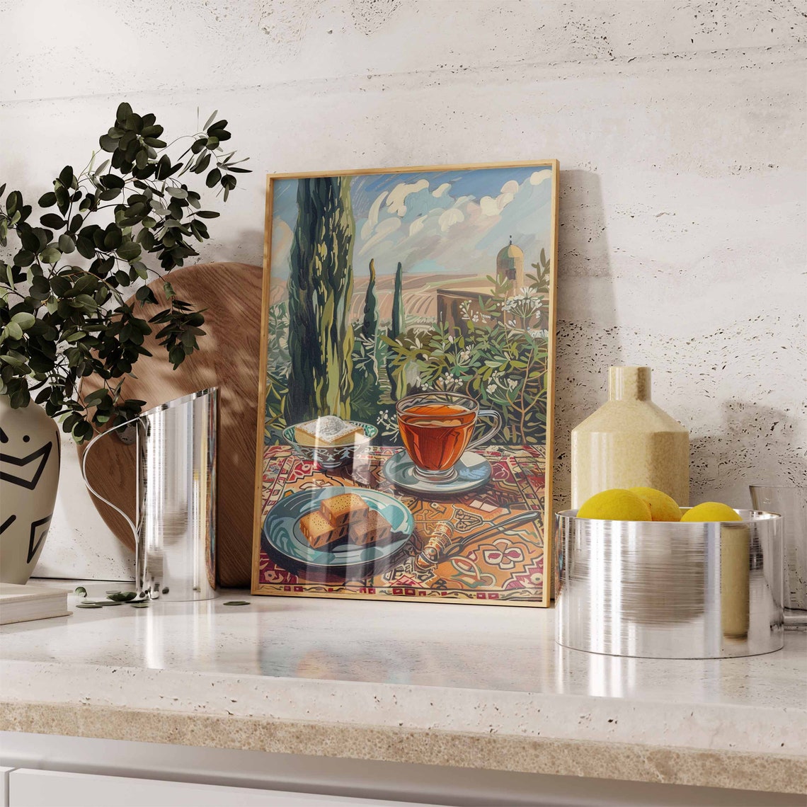 Tea and Baklava Cypress Garden View Patterned Table Art Poster - Image 2