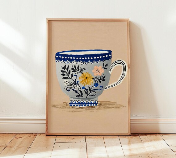 Blue Floral Teacup Illustration Poster Vintage Kitchen Wall Decor