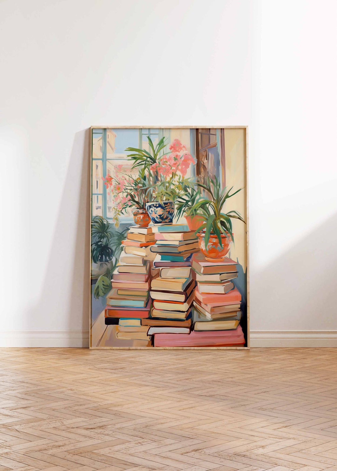 Stacked Books Potted Plants Window Light Cozy Reading Poster - Image 3