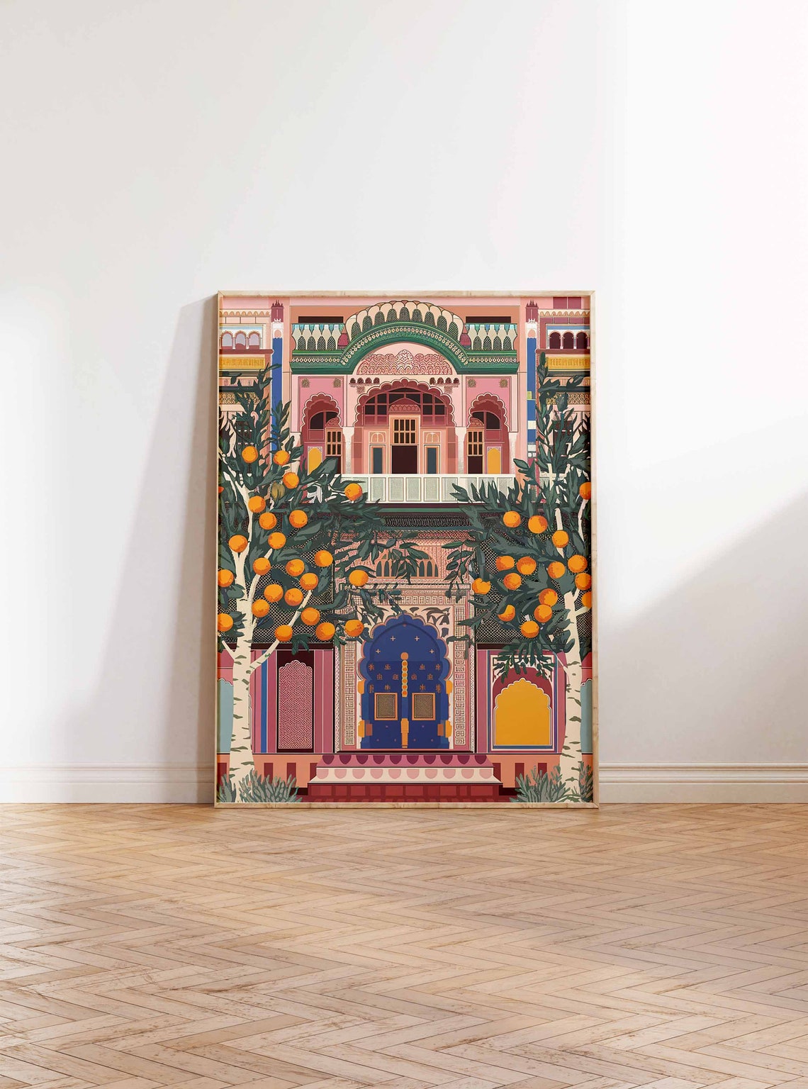 Indian Palace Orange Trees Blue Door Traditional Artwork Poster - Image 2