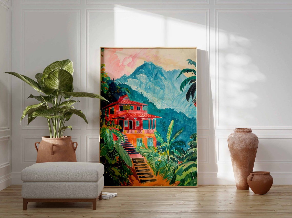 Red Colonial House with Steps Among Palm Trees Mountain Art Poster - Image 3
