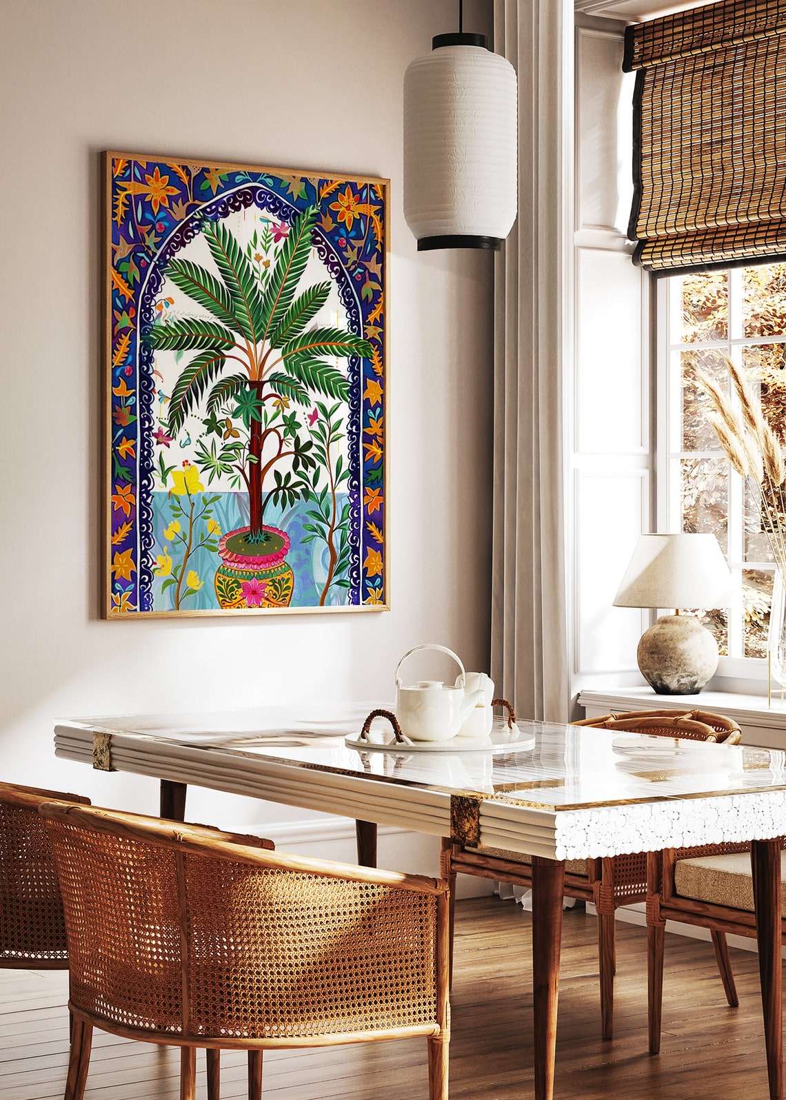 Islamic Palm Tree Vase Floral Border Art Print Deep Blue Decor - Image 2