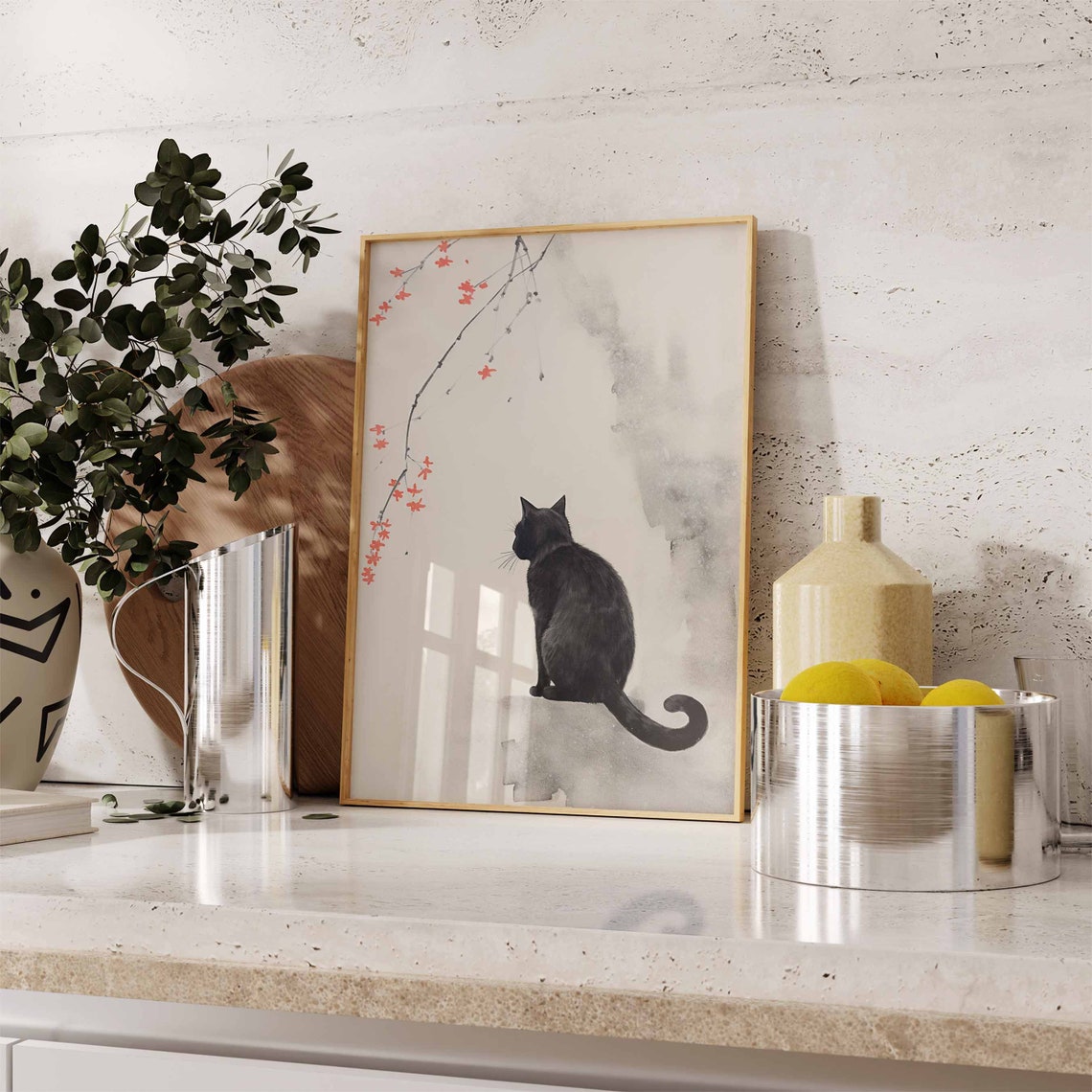 Japanese Black Cat Watching Red Maple Branch Ink Wash Poster - Image 3