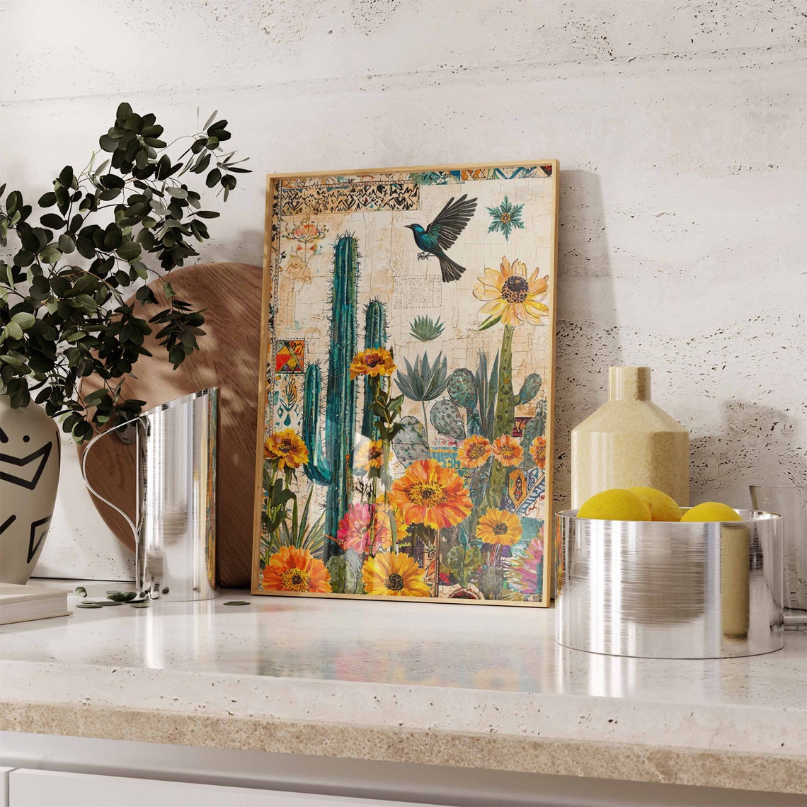Cactus Sunflower Vintage Collage Bird Southwest Botanical Wall Art - Image 2