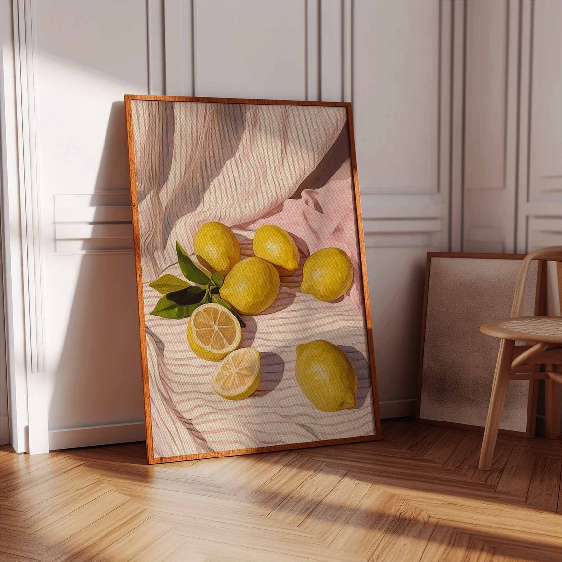 Bright Fresh Lemons on Pink Striped Cloth Still Life Art Poster - Image 2