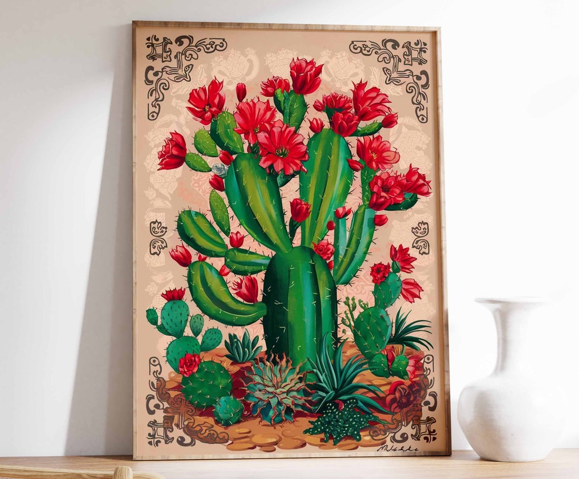 Prickly Pear Cactus Red Flowers Vintage Botanical Art Poster