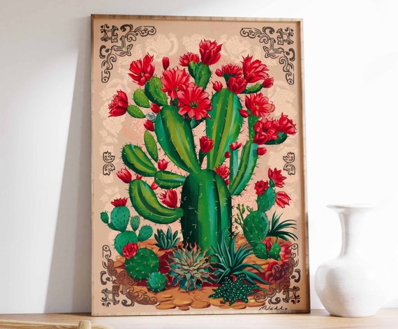 Prickly Pear Cactus Red Flowers Vintage Botanical Art Poster