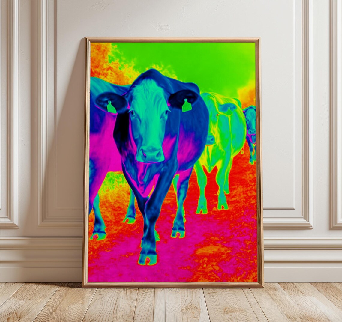 Neon Thermal Cow Herd Print With Psychedelic Colors Funky Farm Animal Art