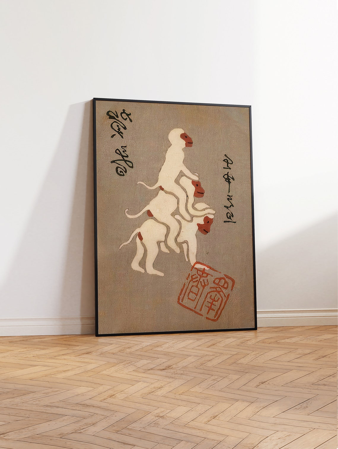Japanese Stacked Monkeys Vintage Woodblock Calligraphy Art Poster - Image 3