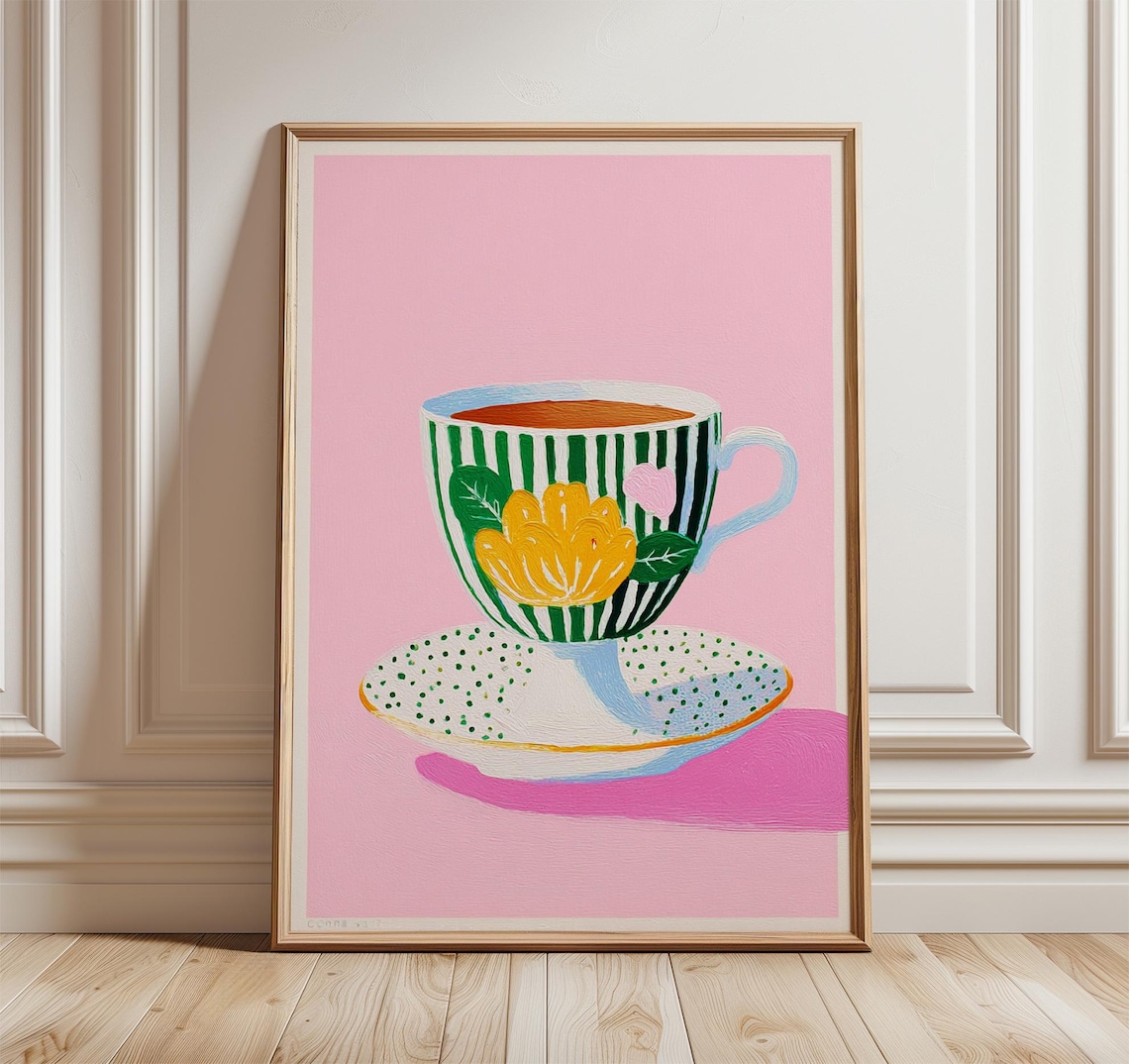 Colorful Teacup Kitchen Wall Art, Modern Retro Art Print