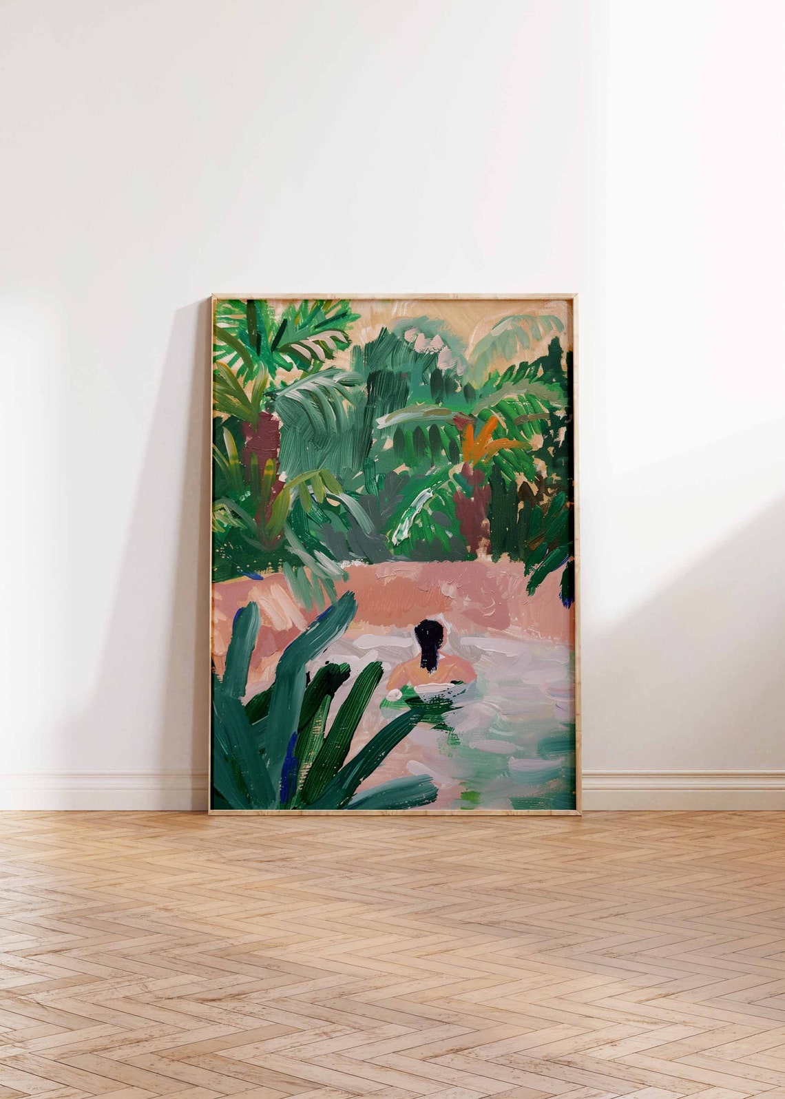 Woman Swimming in a Pink Pond Surrounded by Palm Trees Poster - Image 3