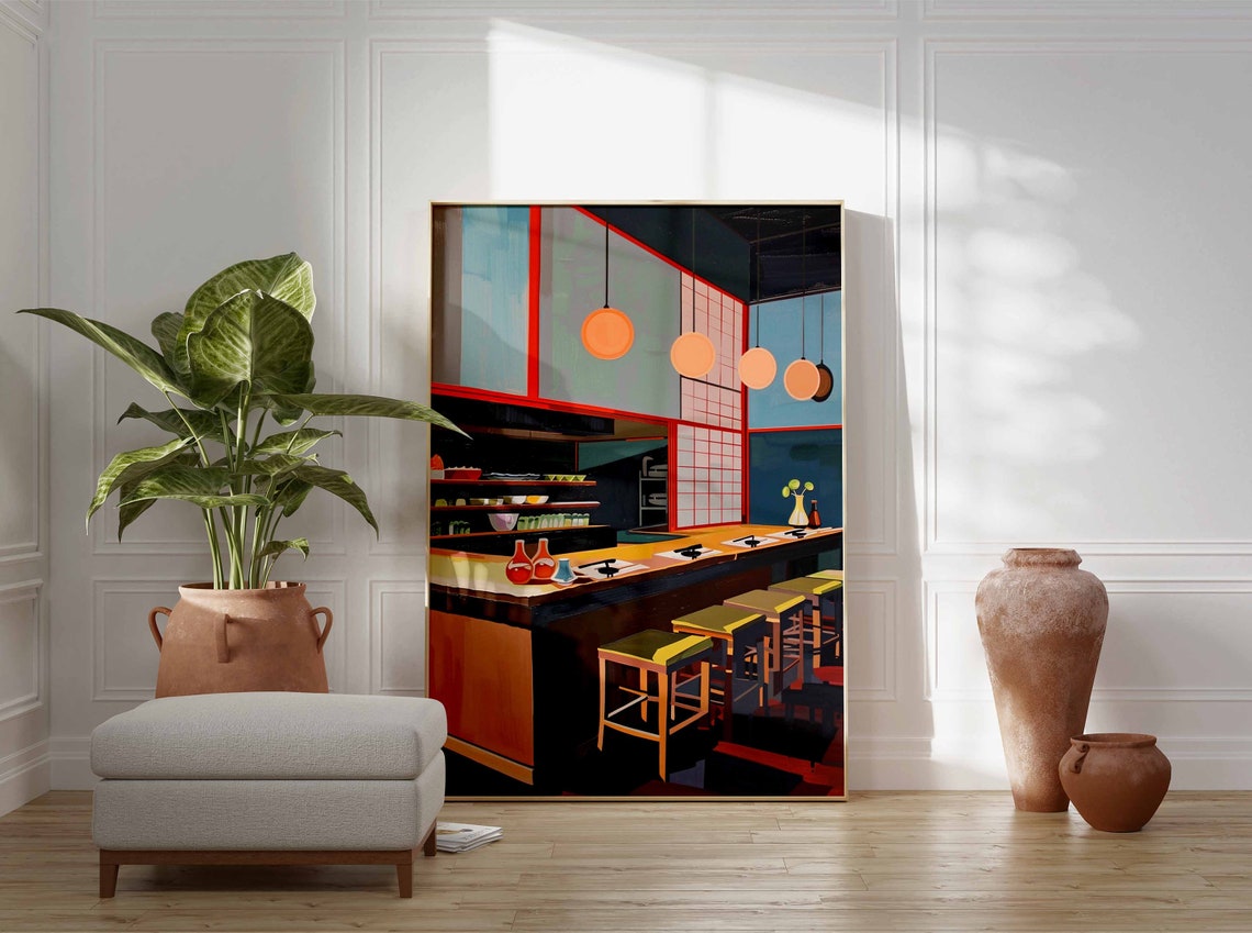 Japanese Sushi Counter Shoji Screens Globe Lights Sake Art Poster - Image 3