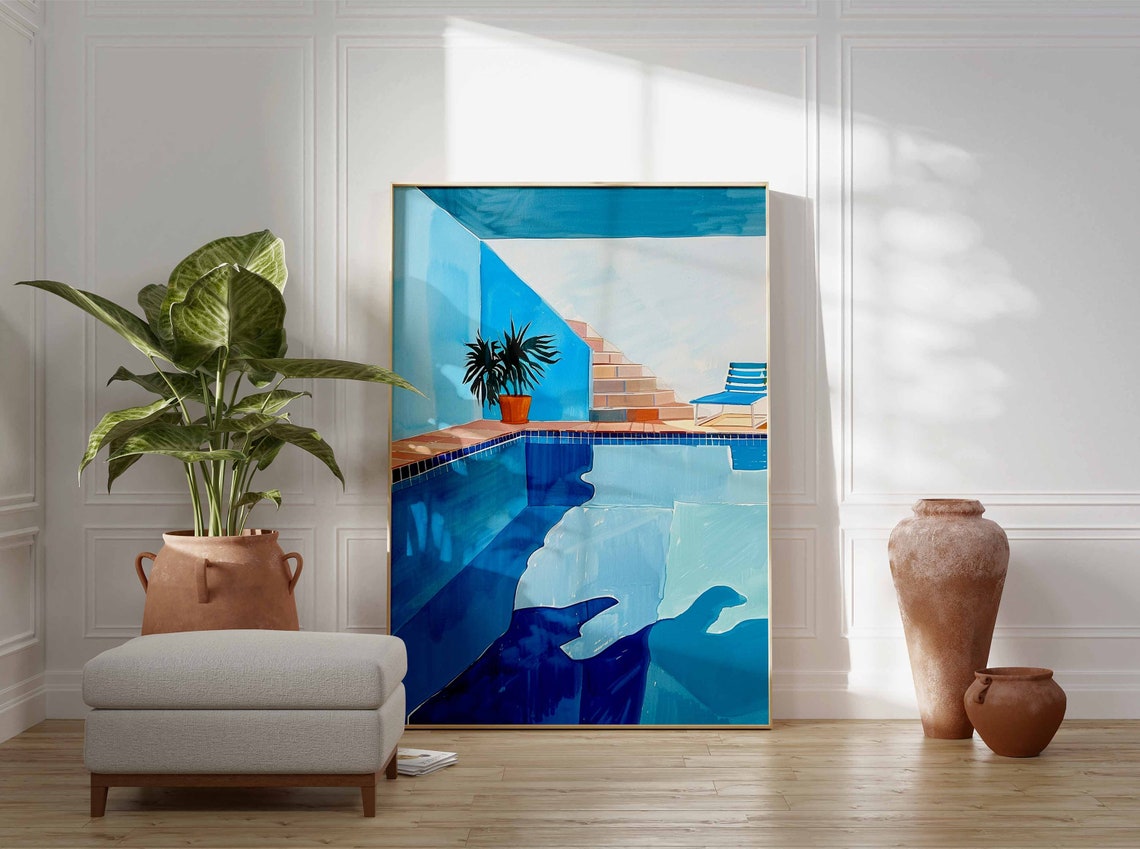 Geometric Blue Swimming Pool Painted Mid Century Summer Poster - Image 2