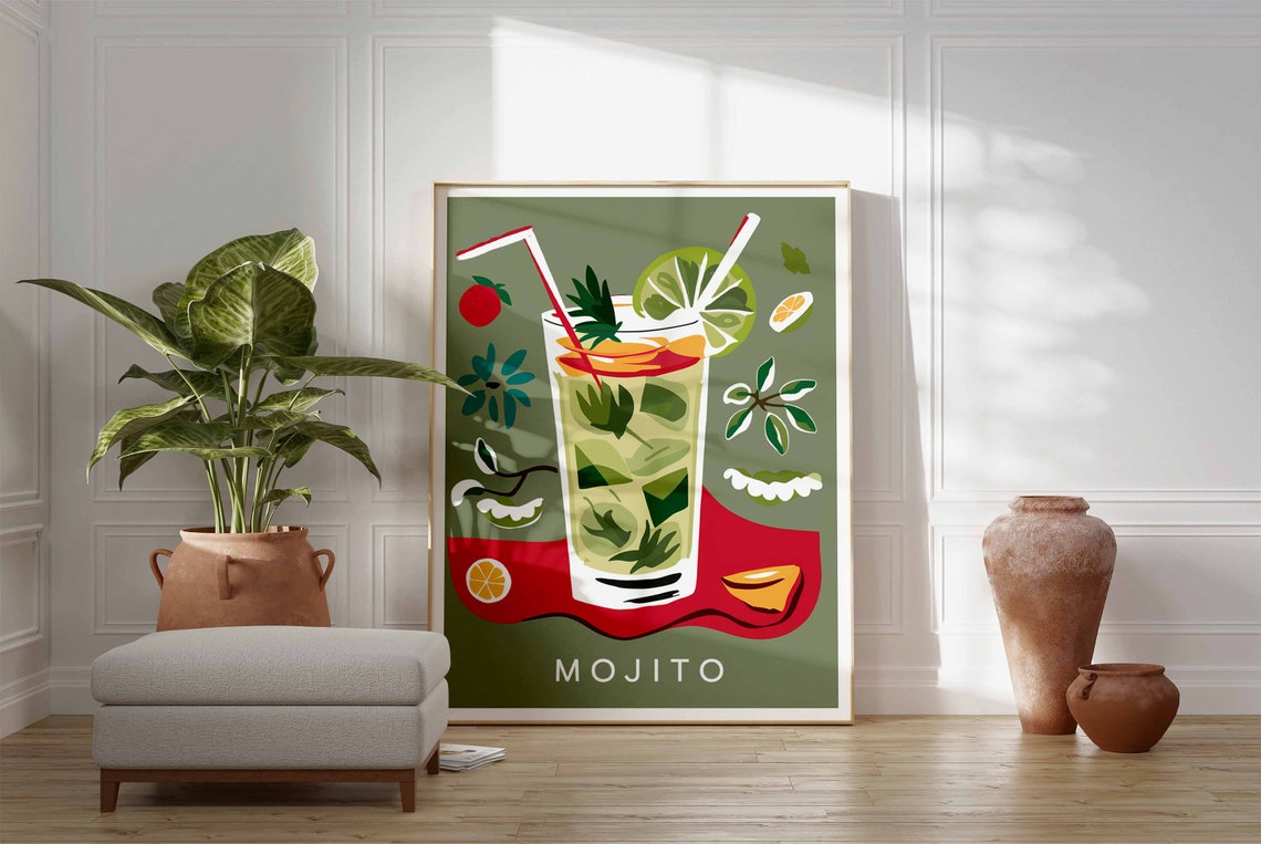 Mojito Cocktail Glass Lime Mint Sage Green Bar Decor Wall Art - Image 3