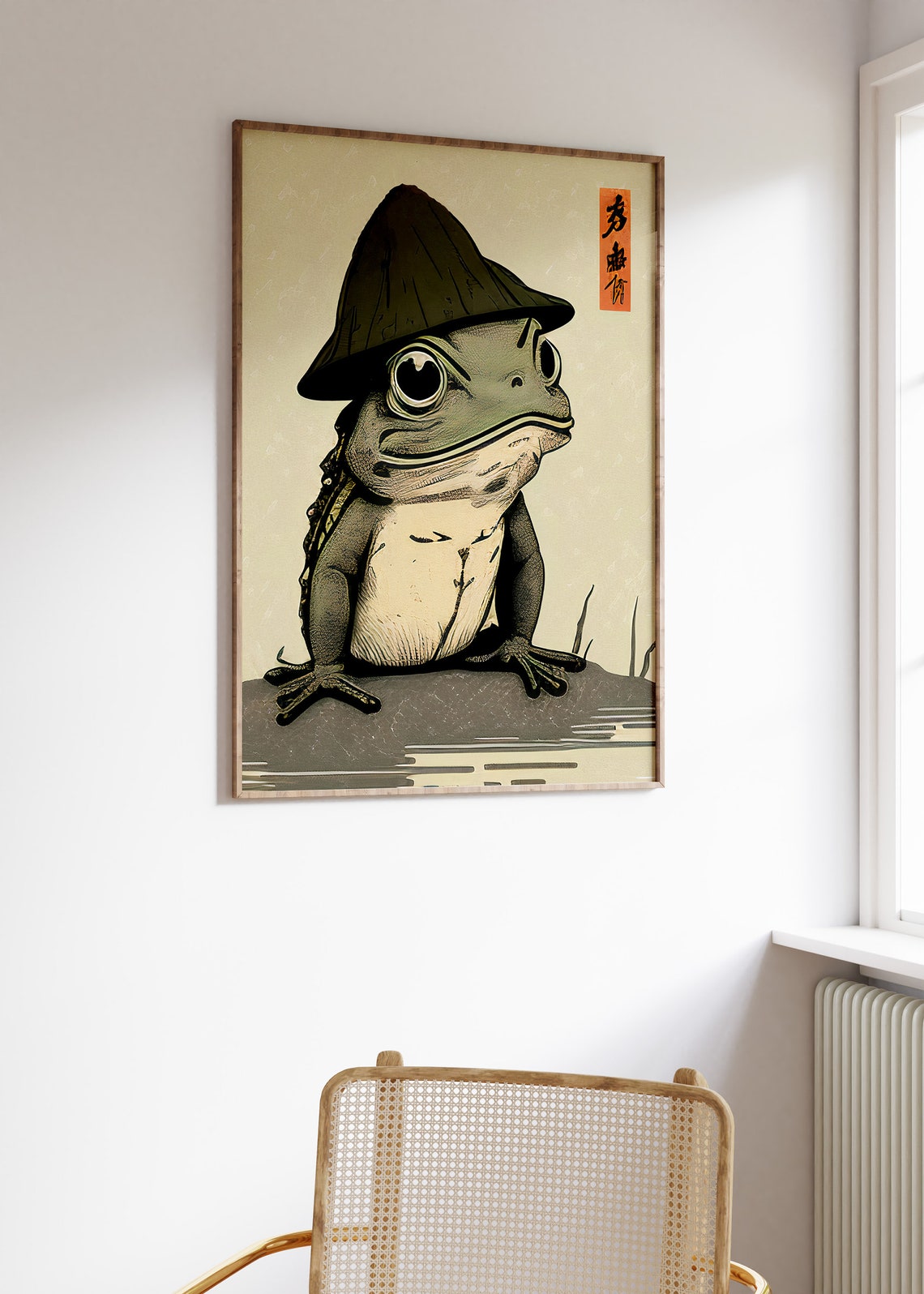Vintage Japanese Frog Wearing Conical Hat Woodblock Art Poster - Image 3