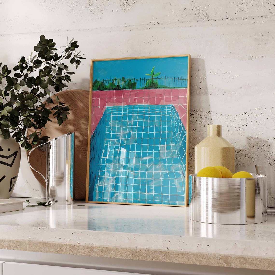 Bright Blue Pool White Grid Tiles Pink Deck Modern Pop Poster - Image 3
