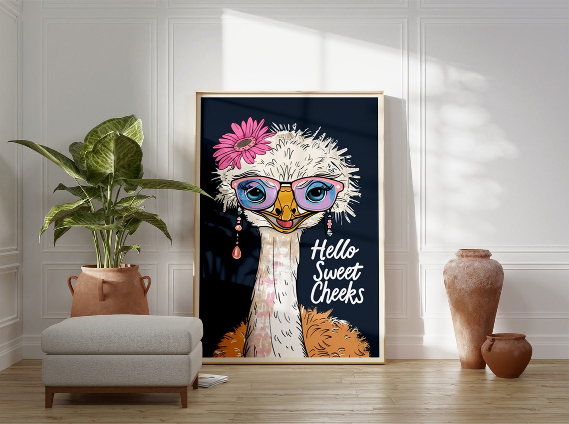 Hello Sweet Cheeks Funny Ostrich with Pink Sunglasses Poster - Image 3