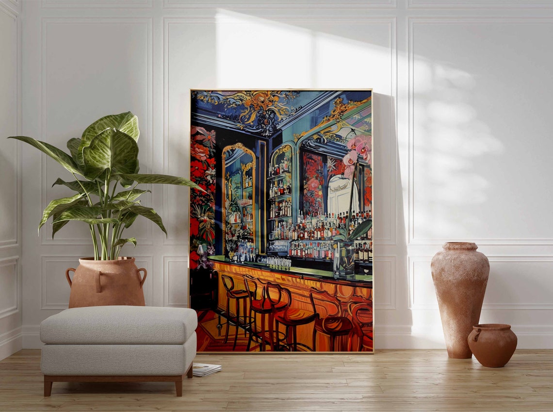 Ornate Blue Cocktail Bar Mirror Botanical Interior Art Print - Image 3
