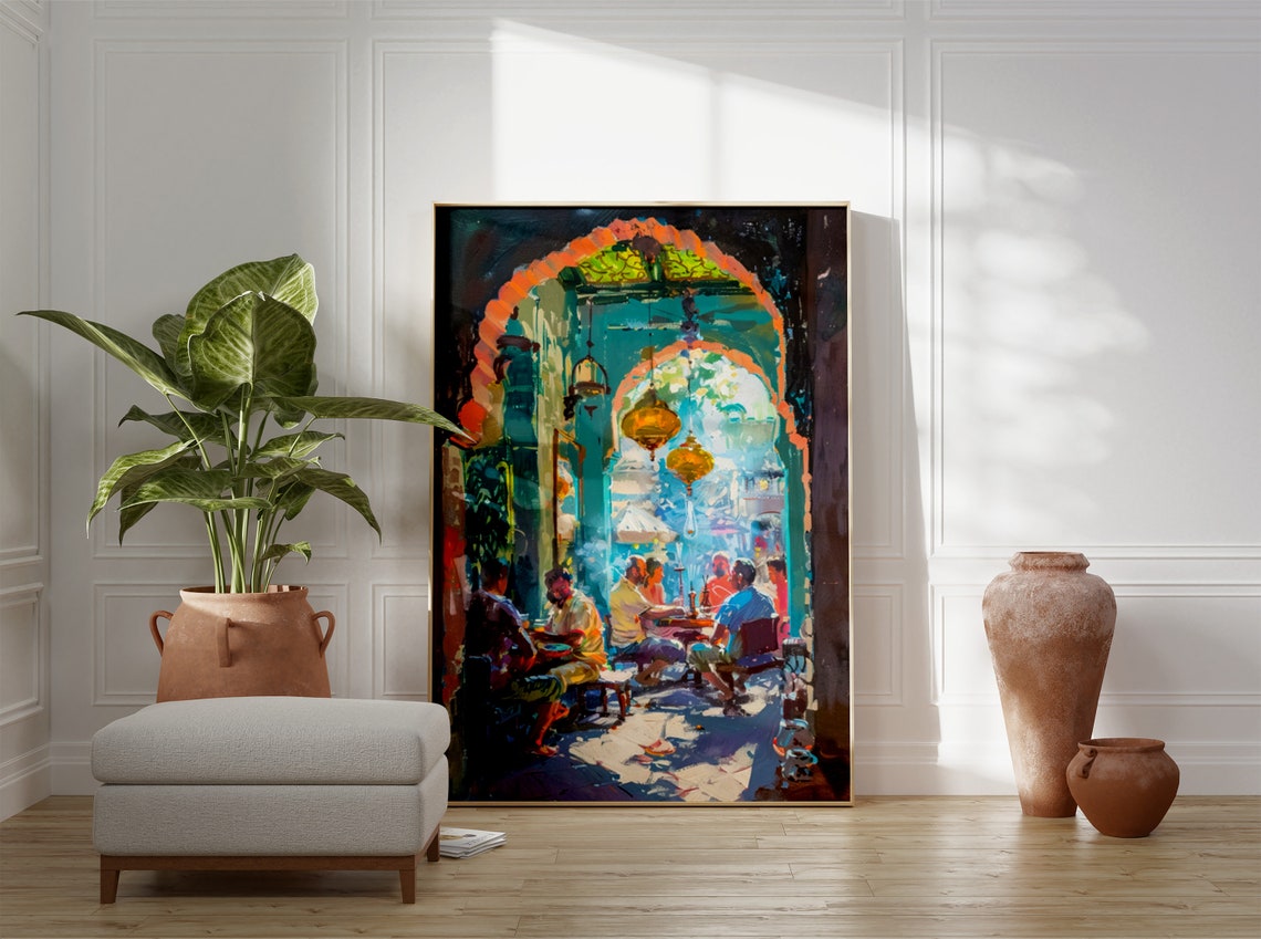 Sunlit Moroccan Archway Cafe Diners Hanging Lanterns Art Poster - Image 3