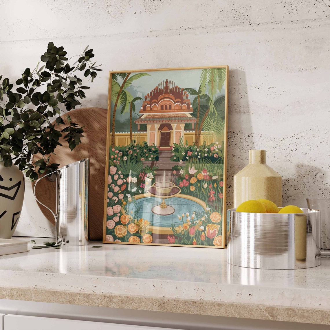 Indian Temple Garden Pink Roses Fountain Traditional Art Poster - Image 3