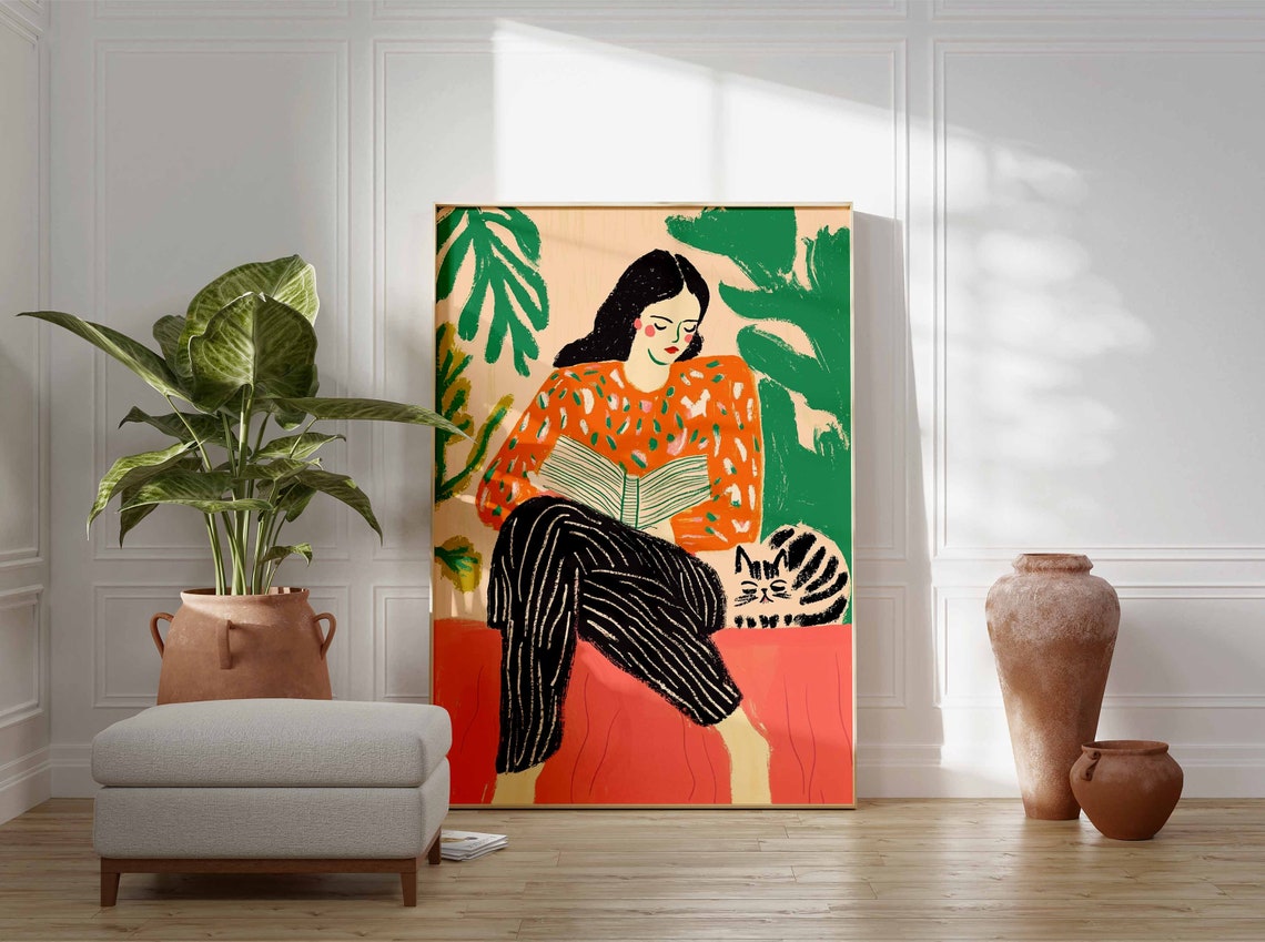 Woman Reading With Tabby Cat On Pink Couch Colorful Art Poster - Image 2