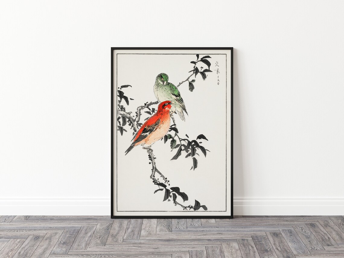 Japanese Songbirds Ink Branch Vintage Woodblock Style Poster - Image 2