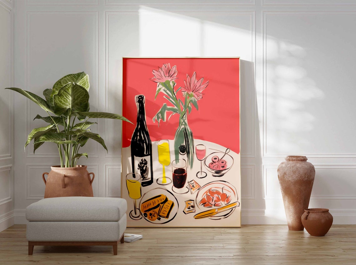 Dinner Party Festive Table Wine Champagne Flowers Modern Art Poster - Image 3