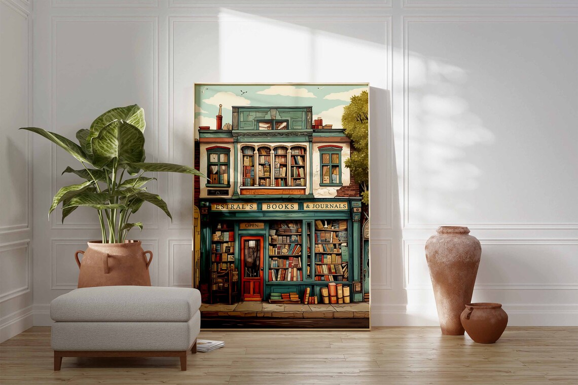 Estral's Books and Journals Vintage Bookstore Storefront Illustration Poster - Image 2