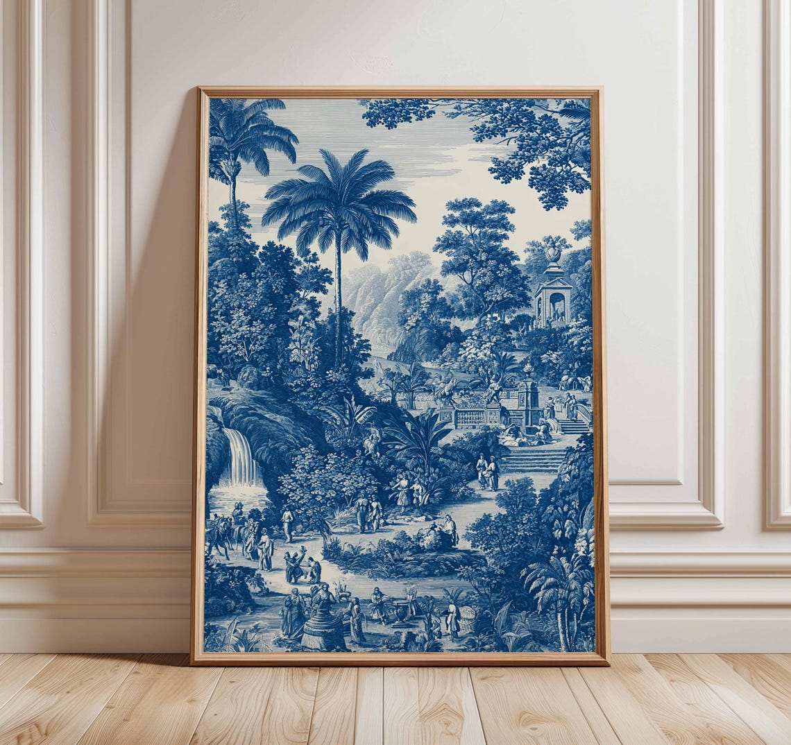 Blue and White Tropical Toile De Jouy Style Landscape Art Poster
