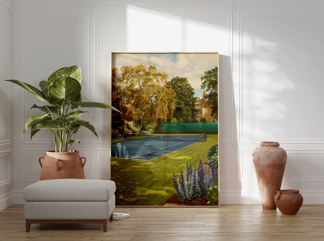 Vintage Tennis Court Golden Autumn Lavender Garden Scene Poster - Image 2
