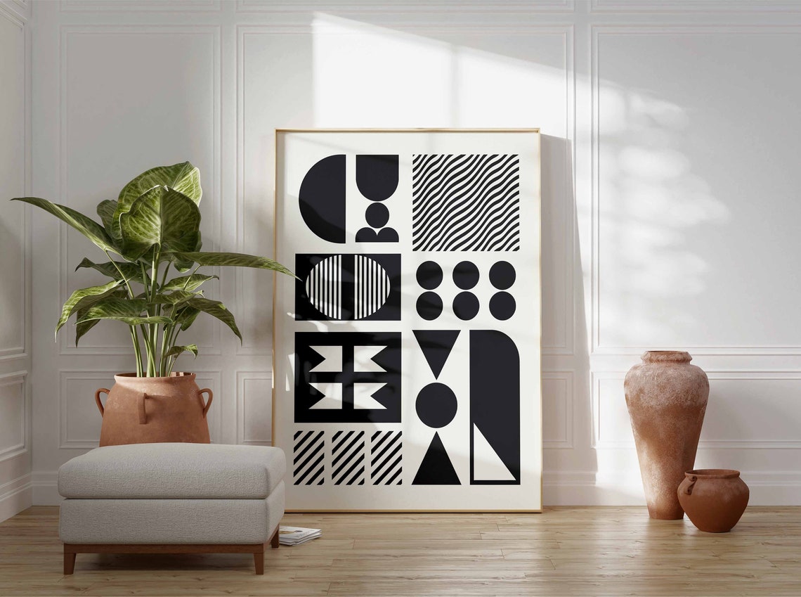 Monochrome Bauhaus Geometric Shape Collage Mid Century Modern Print - Image 3