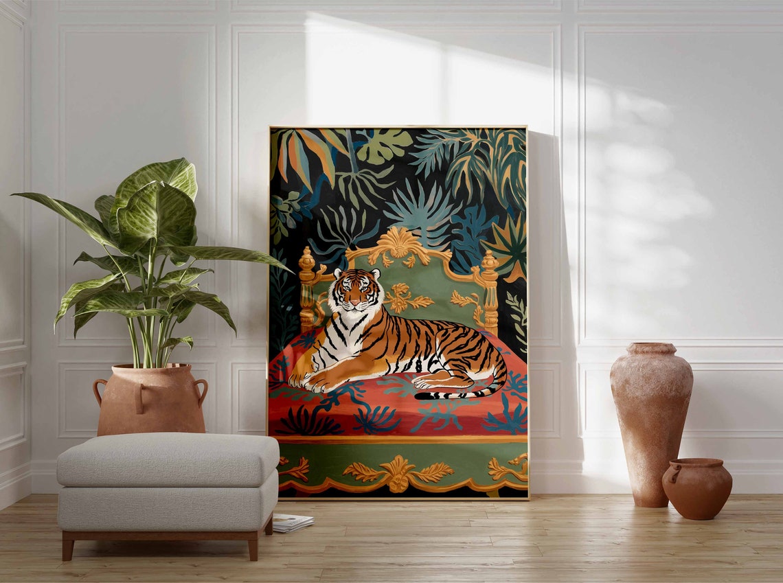 Stylized Tiger on Gold Settee Dark Tropical Leaves Art Poster - Image 3