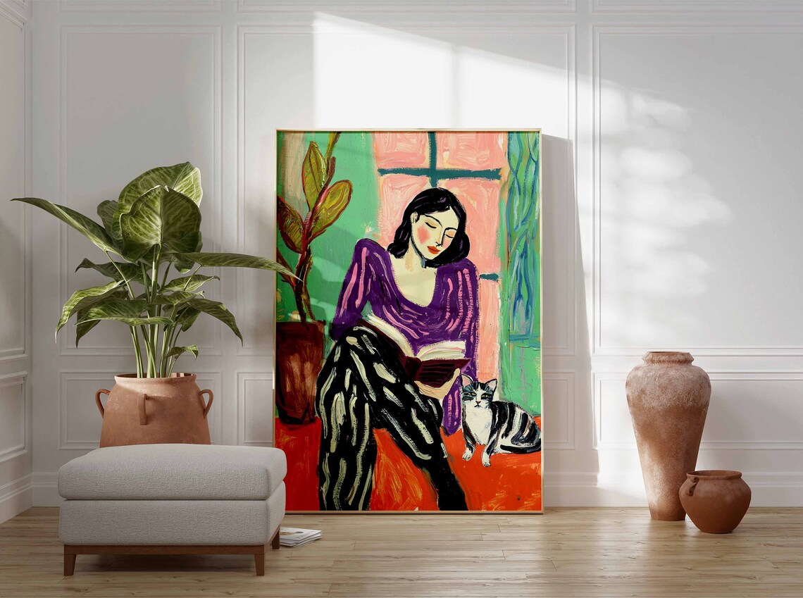 Woman Reading Book With Tabby Cat Cozy Colorful Botanical Poster - Image 2
