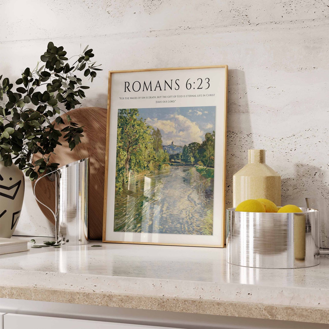Romans 6:23 Bible Verse Peaceful River Trees Eternal Life Print - Image 3