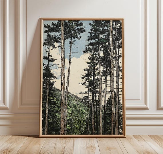 Vintage Forest Mountain Poster Retro Nature Landscape Wall Art Minimalist Tree Scene Print Rustic Countryside Decor Serene