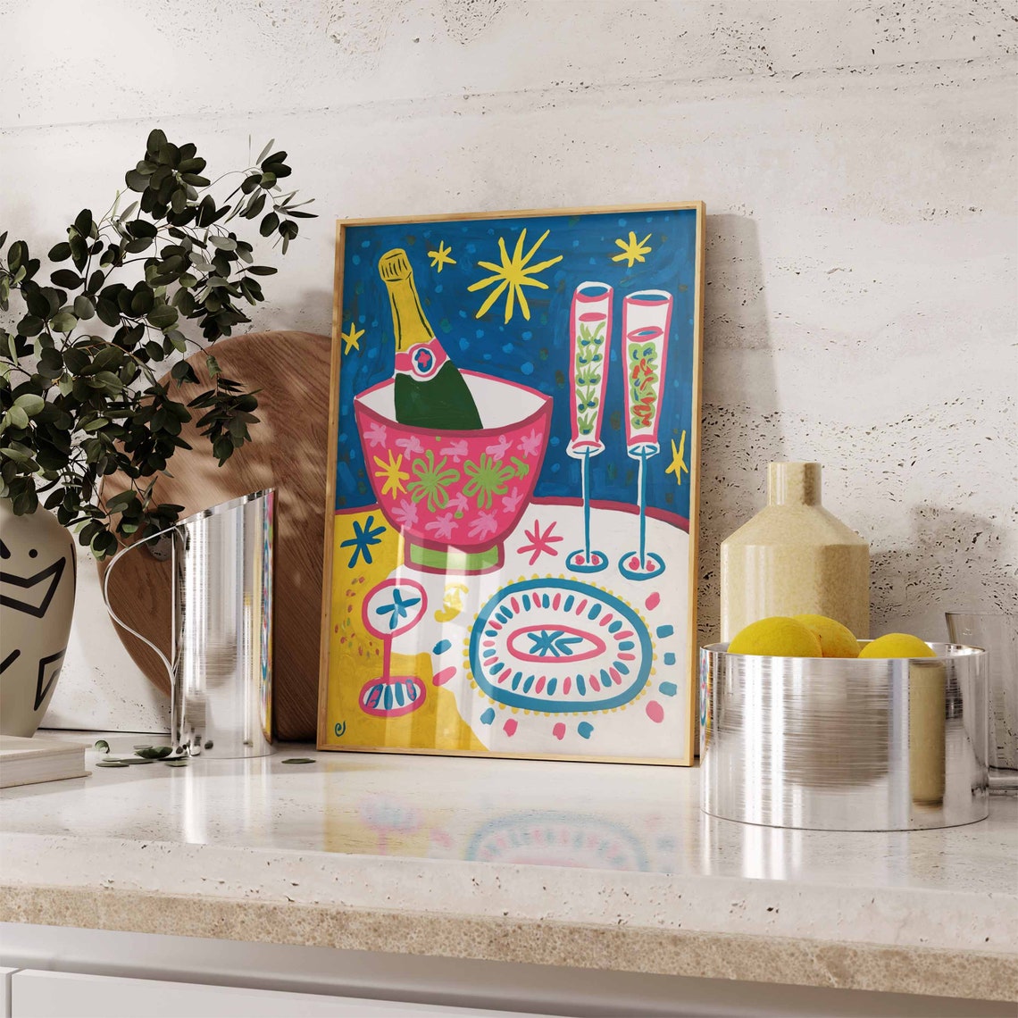 Champagne Bottle In Patterned Ice Bucket With Two Flutes Party Poster - Image 2
