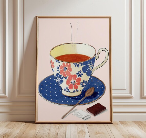 Vintage Floral Teacup Steaming Tea Blue Saucer Cozy Kitchen Poster