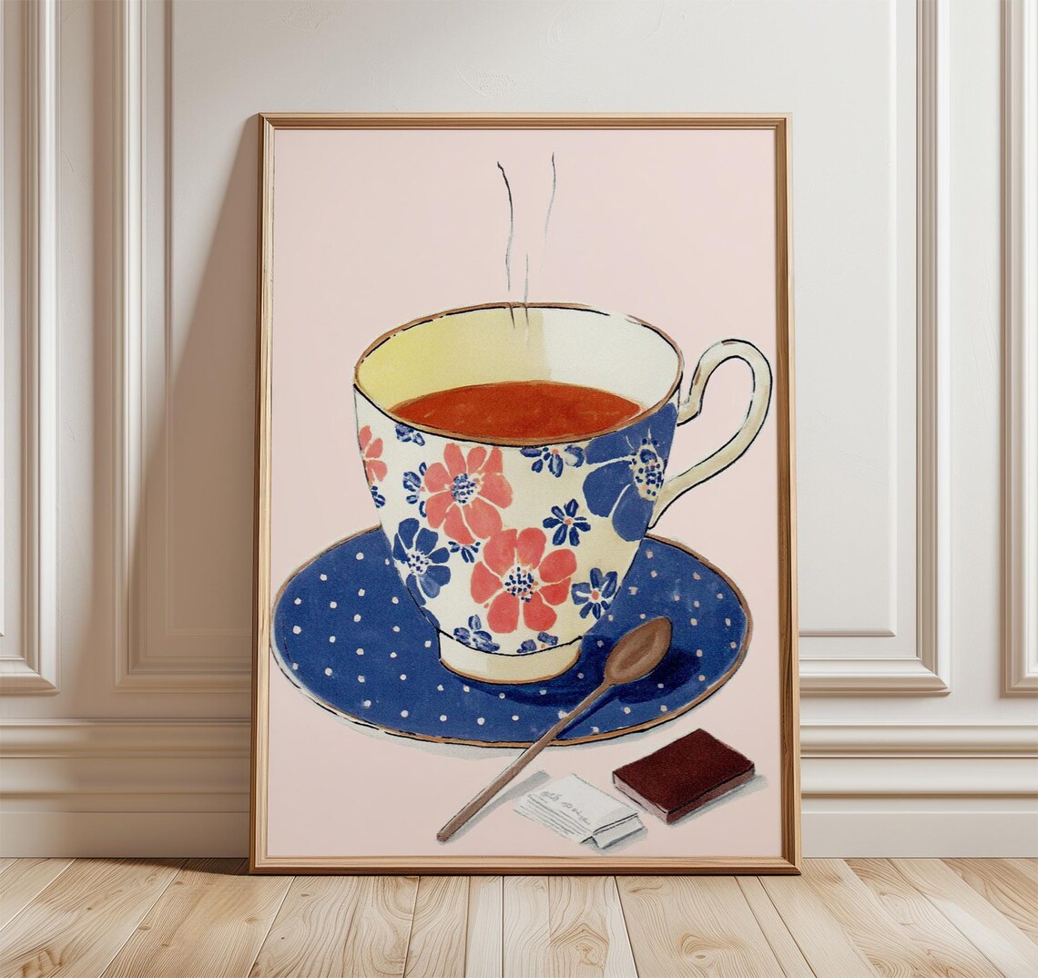 Vintage Floral Teacup Steaming Tea Blue Saucer Cozy Kitchen Poster