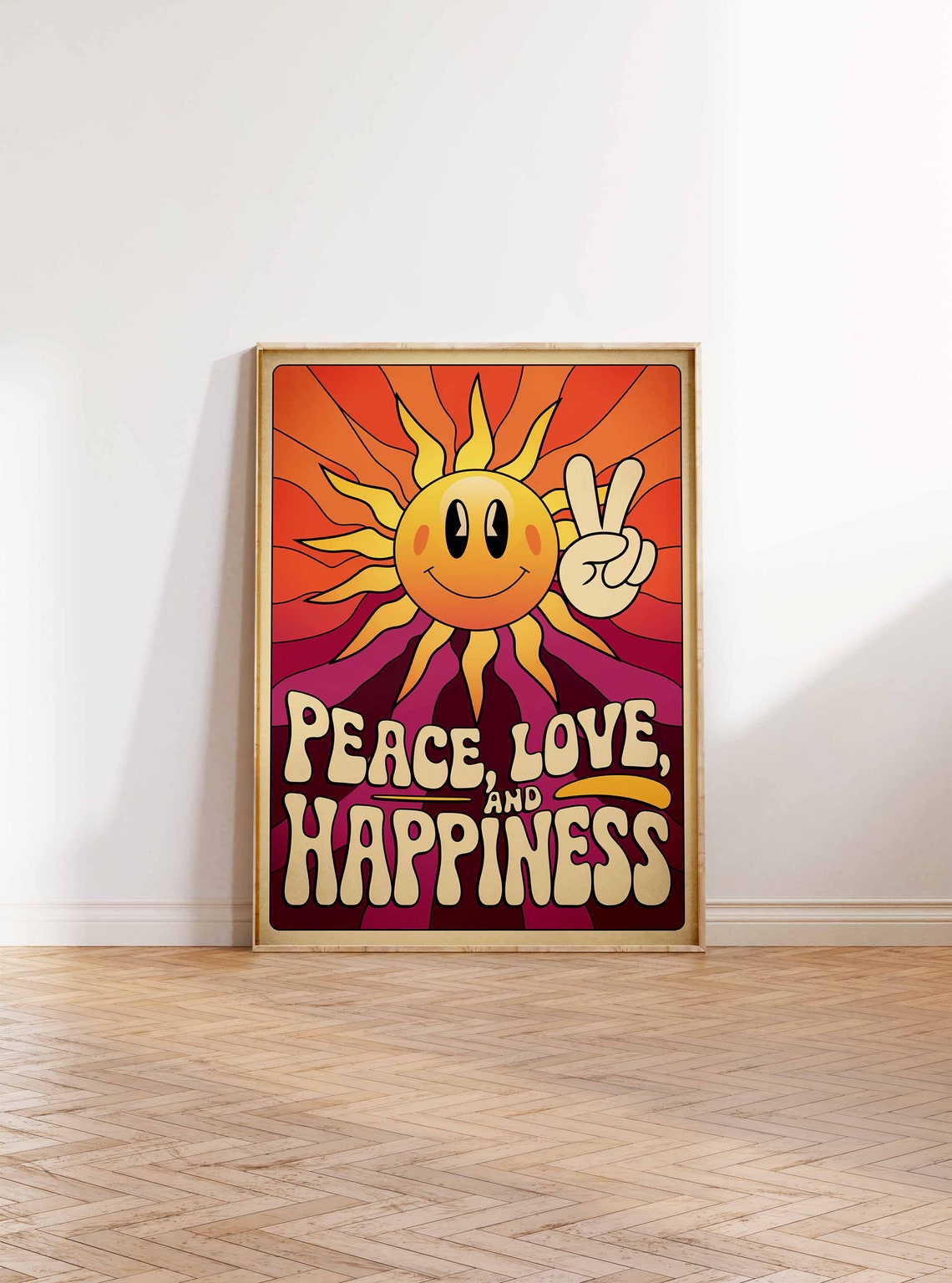Peace Love and Happiness Retro 70s Smiling Sun Hippie Poster - Image 2