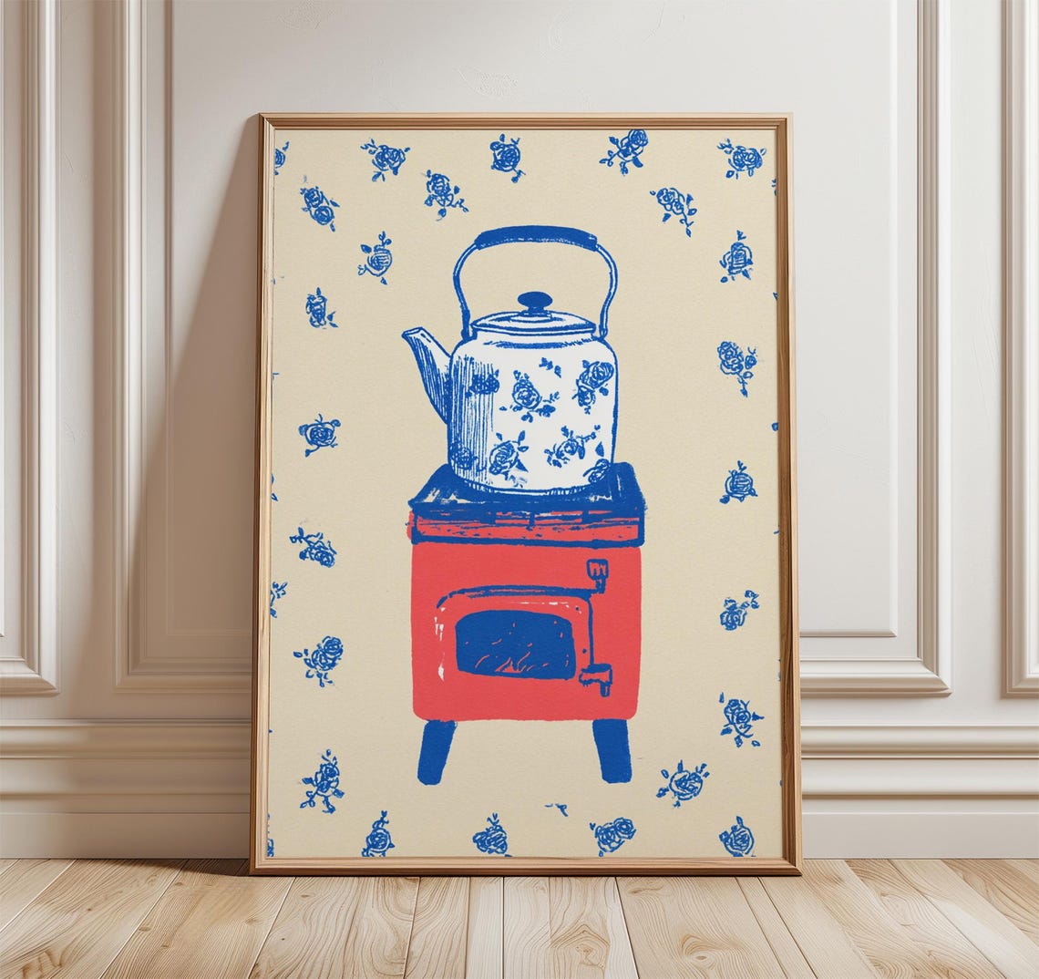Blue Floral Kettle On Red Stove Hand Drawn Rustic Kitchen Poster