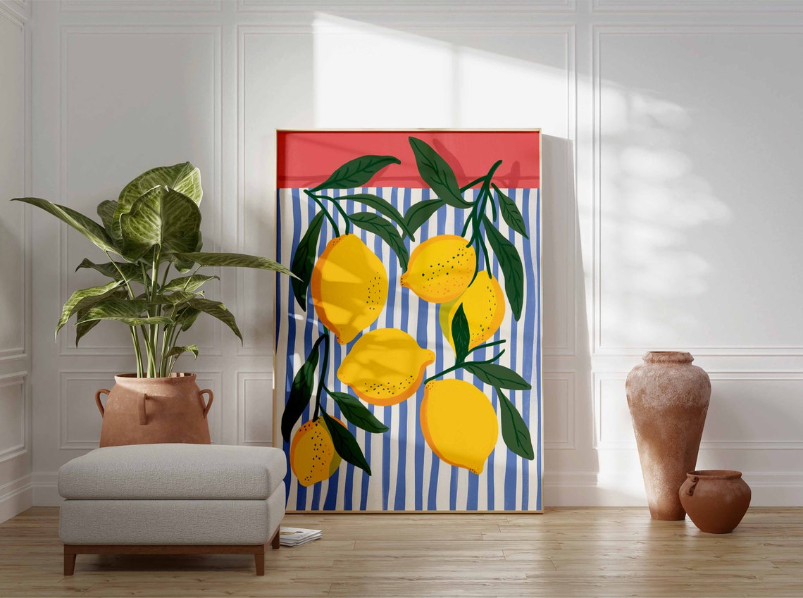 Lemon Branch on Blue White Stripes Citrus Kitchen Art Poster - Image 3