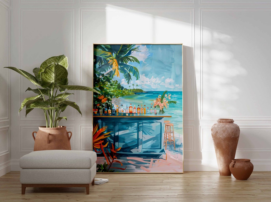 Blue Beach Bar Counter Tropical Flowers Turquoise Lagoon View Poster - Image 3