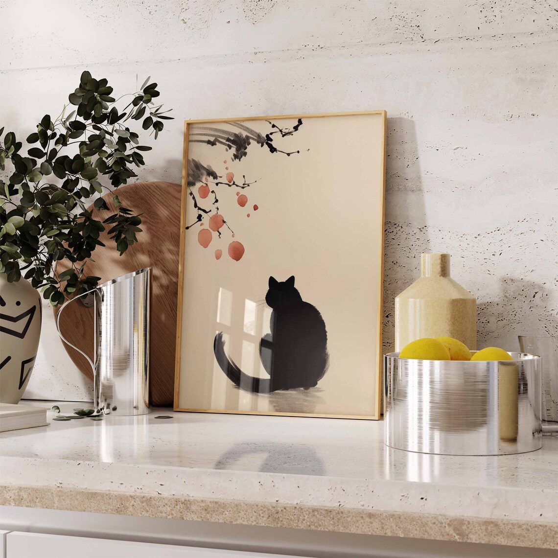 Black Cat Silhouette Japanese Ink Style Minimalist Animal Poster - Image 3