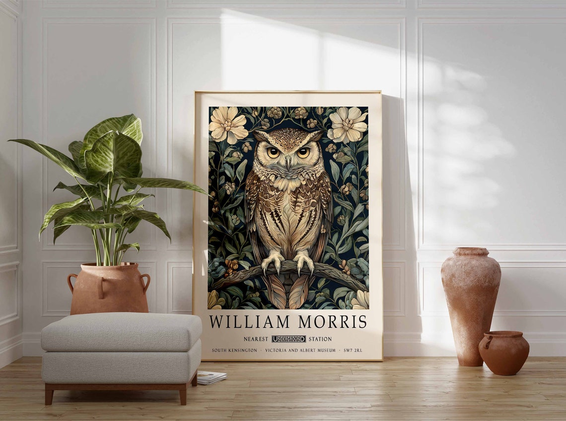 William Morris Owl on Branch Among Blossoms Botanical Night Poster - Image 3