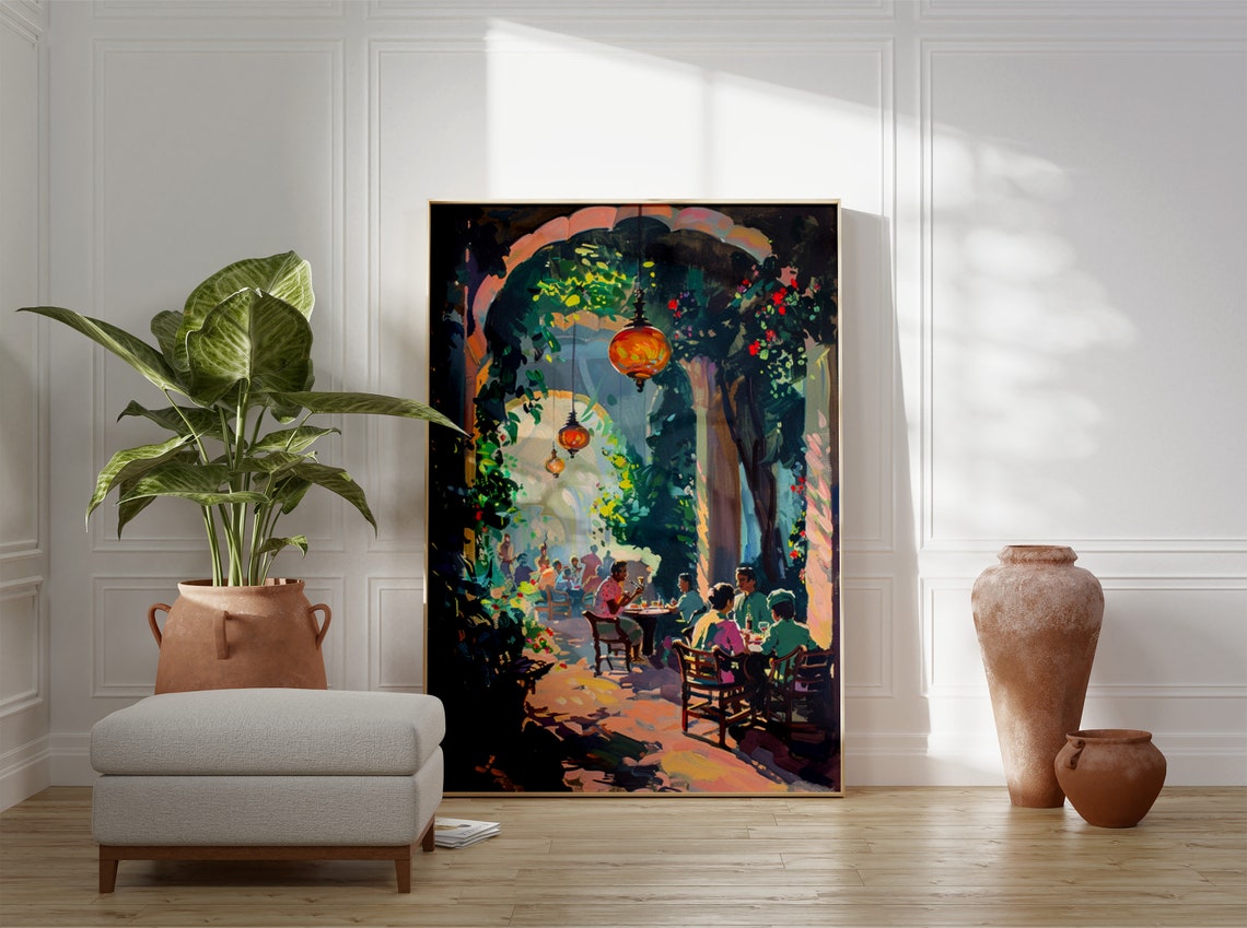 Arabic Courtyard Cafe With Hanging Lanterns Impressionist Art Poster - Image 3